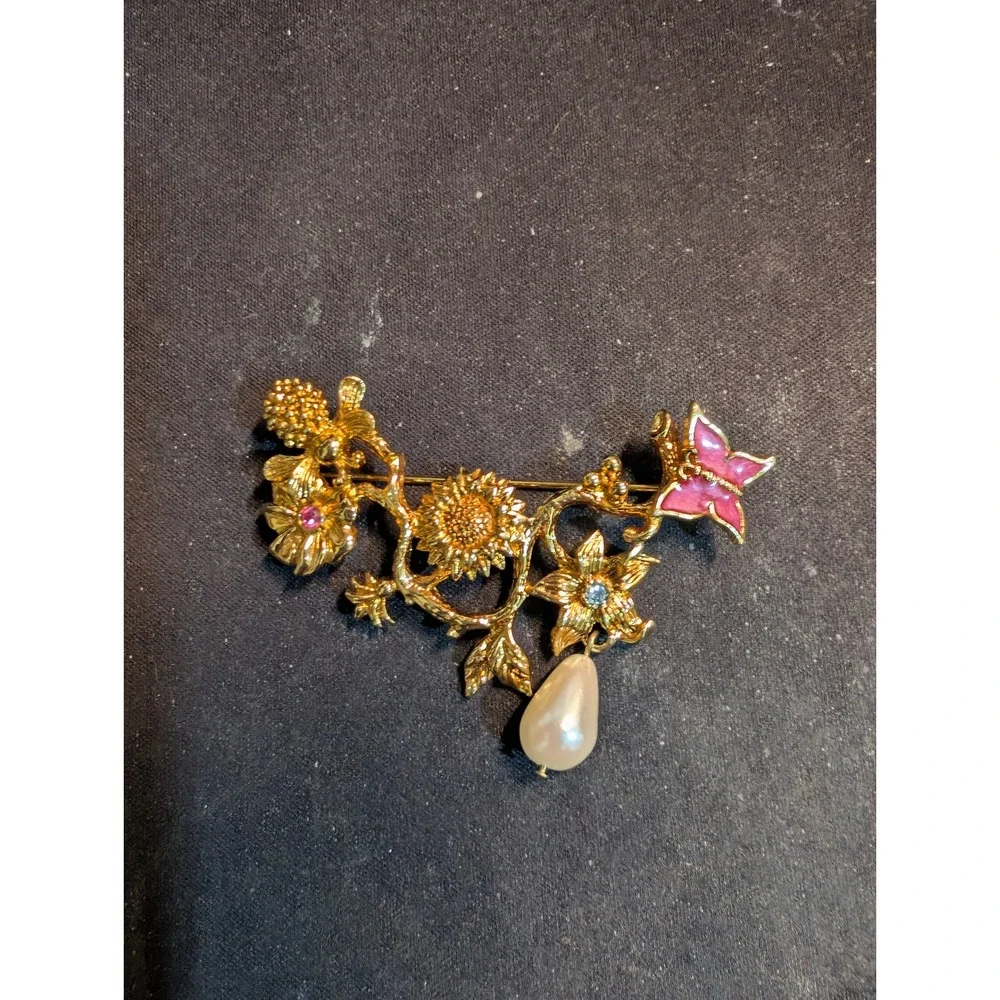 Vintage Gold Tone Sunflower Butterfly Brooch Pink Enamel Faux Pearl Drop Pin